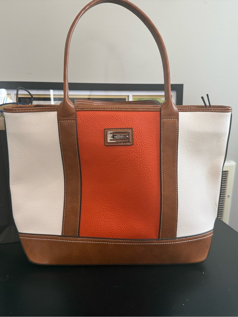 Classic Orange, White & Brown Colorblock Leather Tote